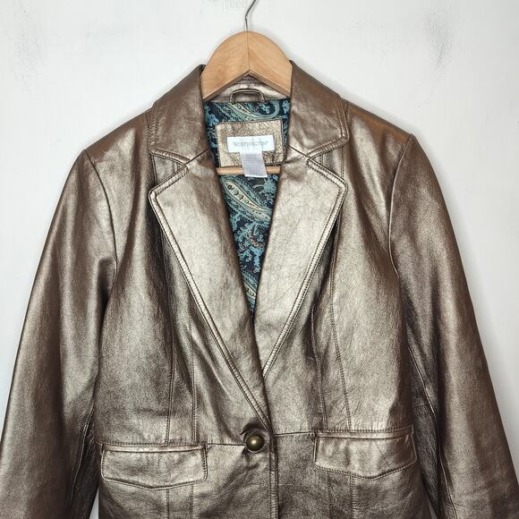 Worthington Leather Jacket Gold Bronze Button Up - Picture 2 of 10